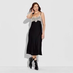 Women's Lace Trim Satin Midi A-Line Dress - Wild Fable, Black, Sz XS, NWT